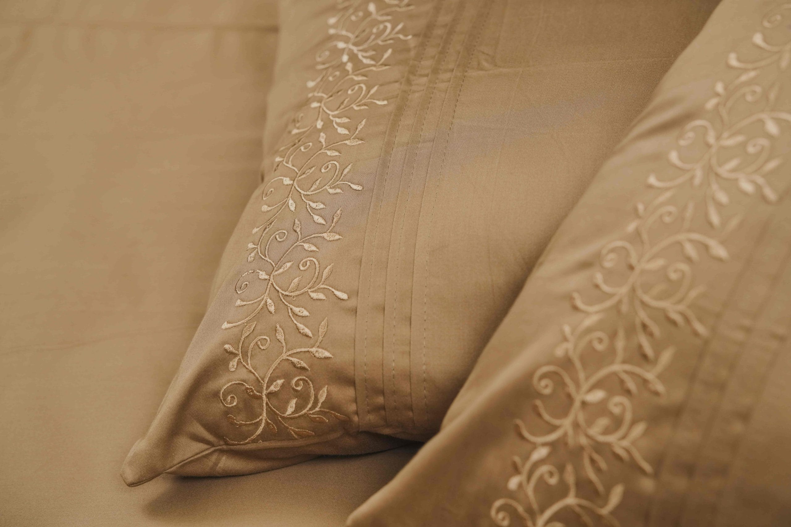 Mocha Leaf Subtle Embroidered Bedding Set