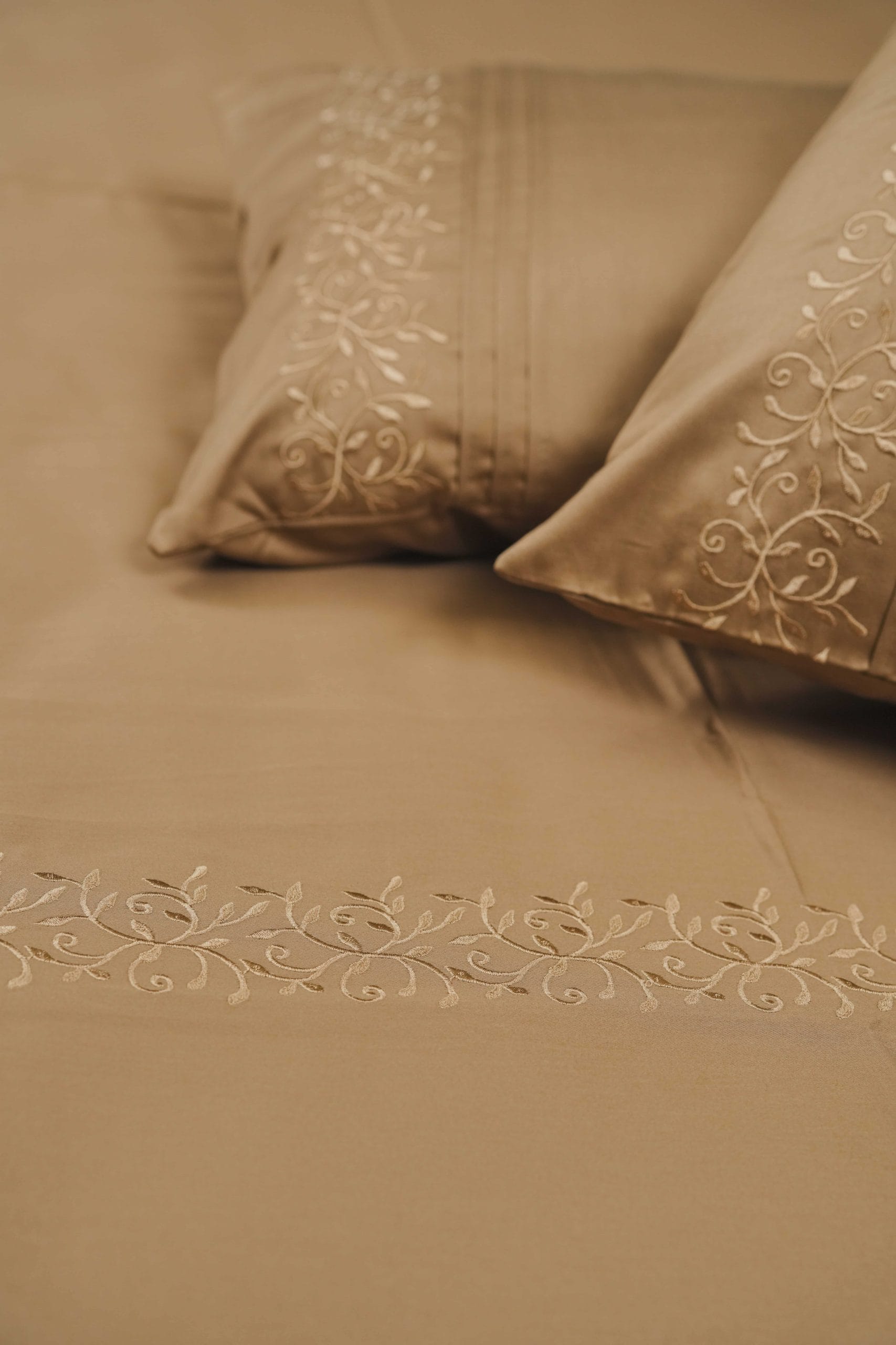 Mocha Leaf Subtle Embroidered Bedding Set