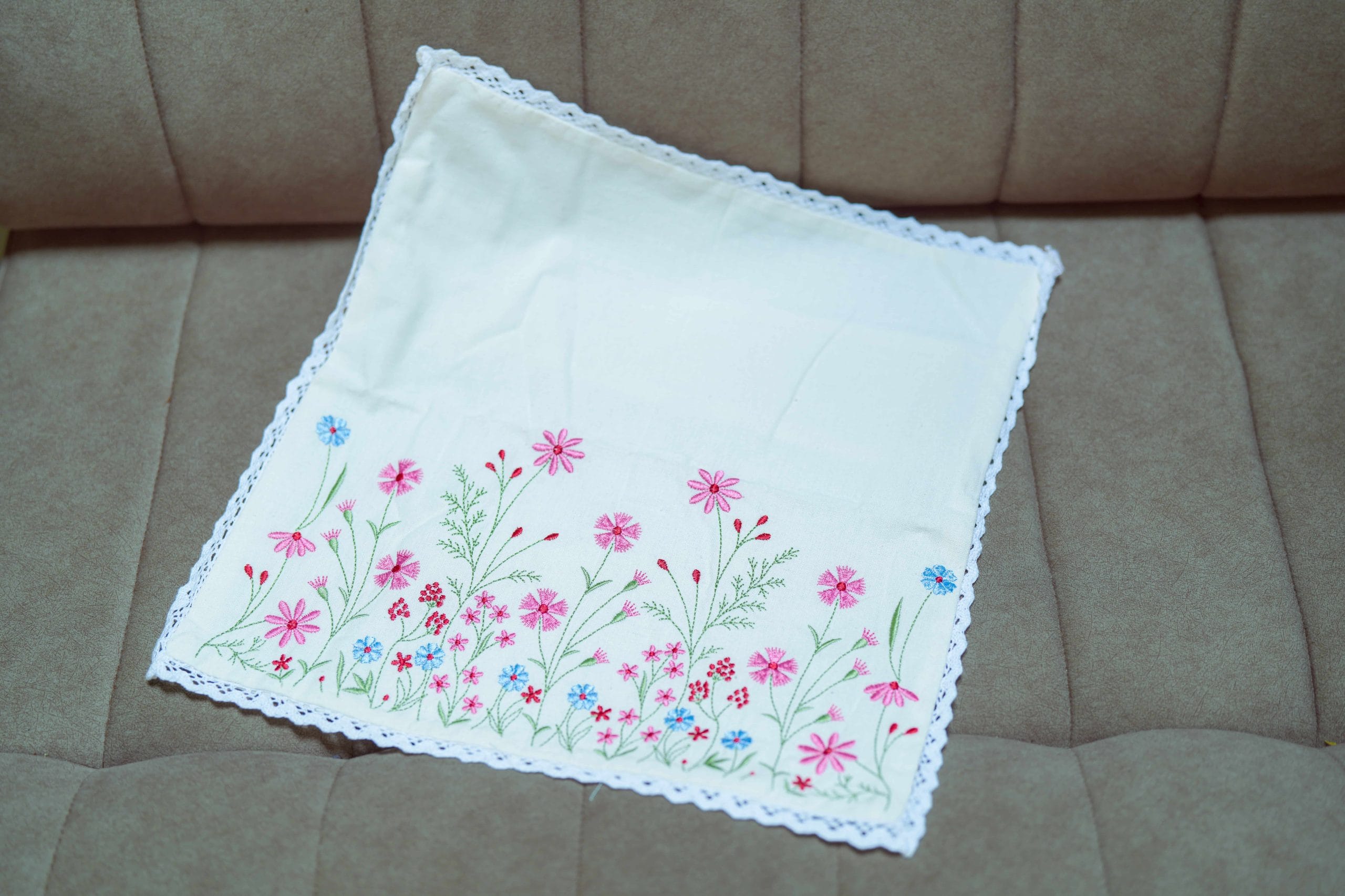 Rosette Bloom Cream Floral Lace-Trim Cushion