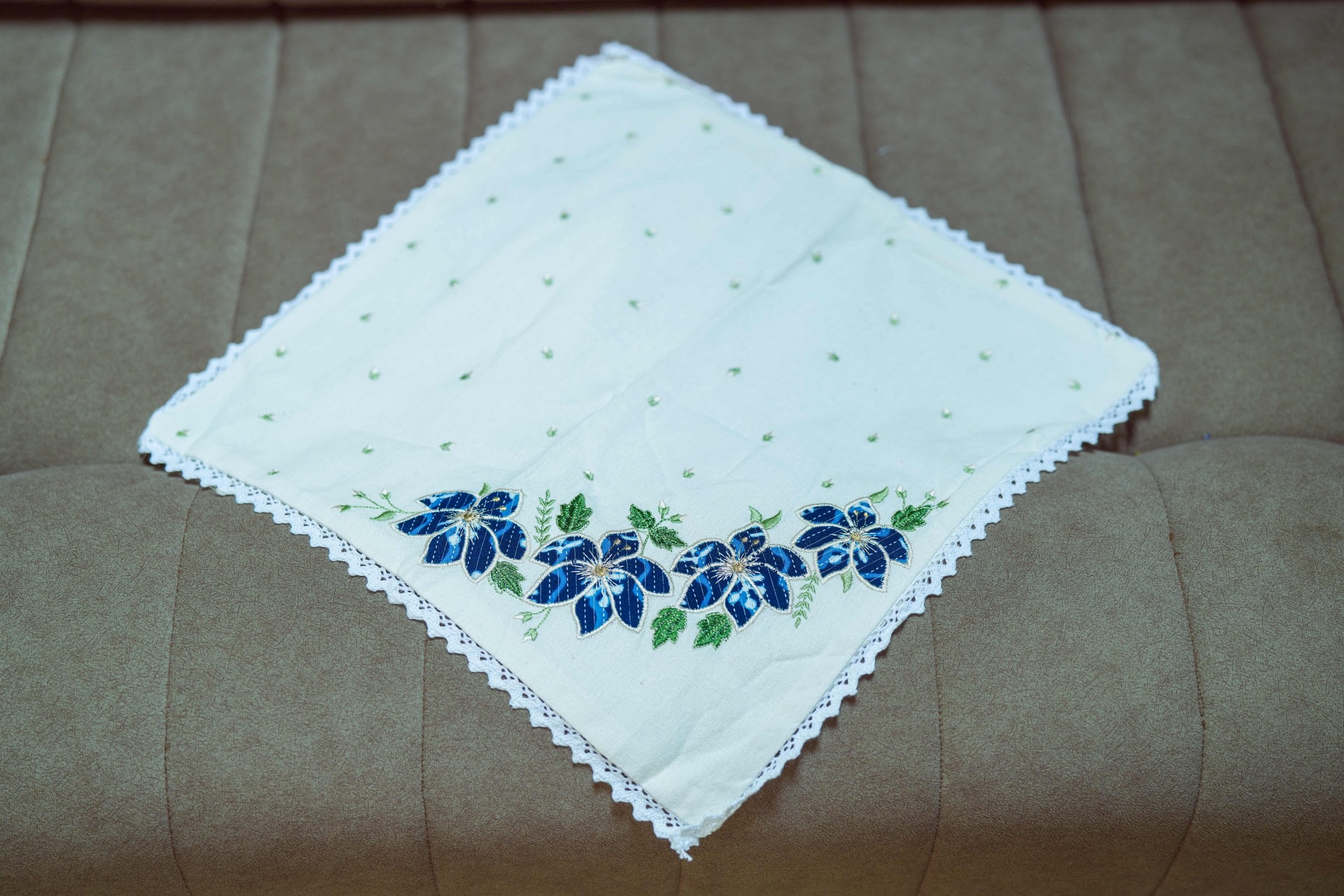 Blue Petal Cream Casement Embroidered Cushion