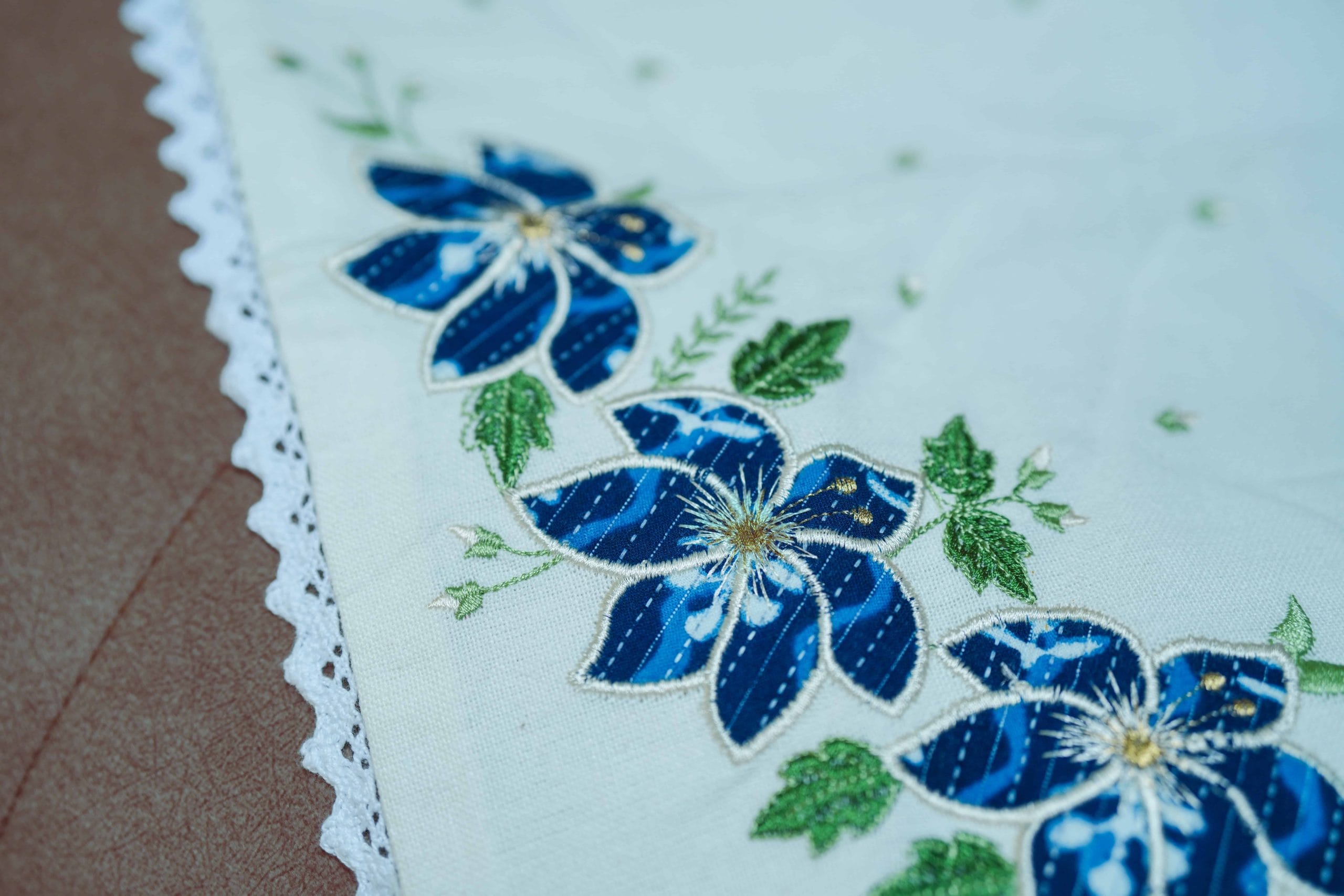 Blue Petal Cream Casement Embroidered Cushion