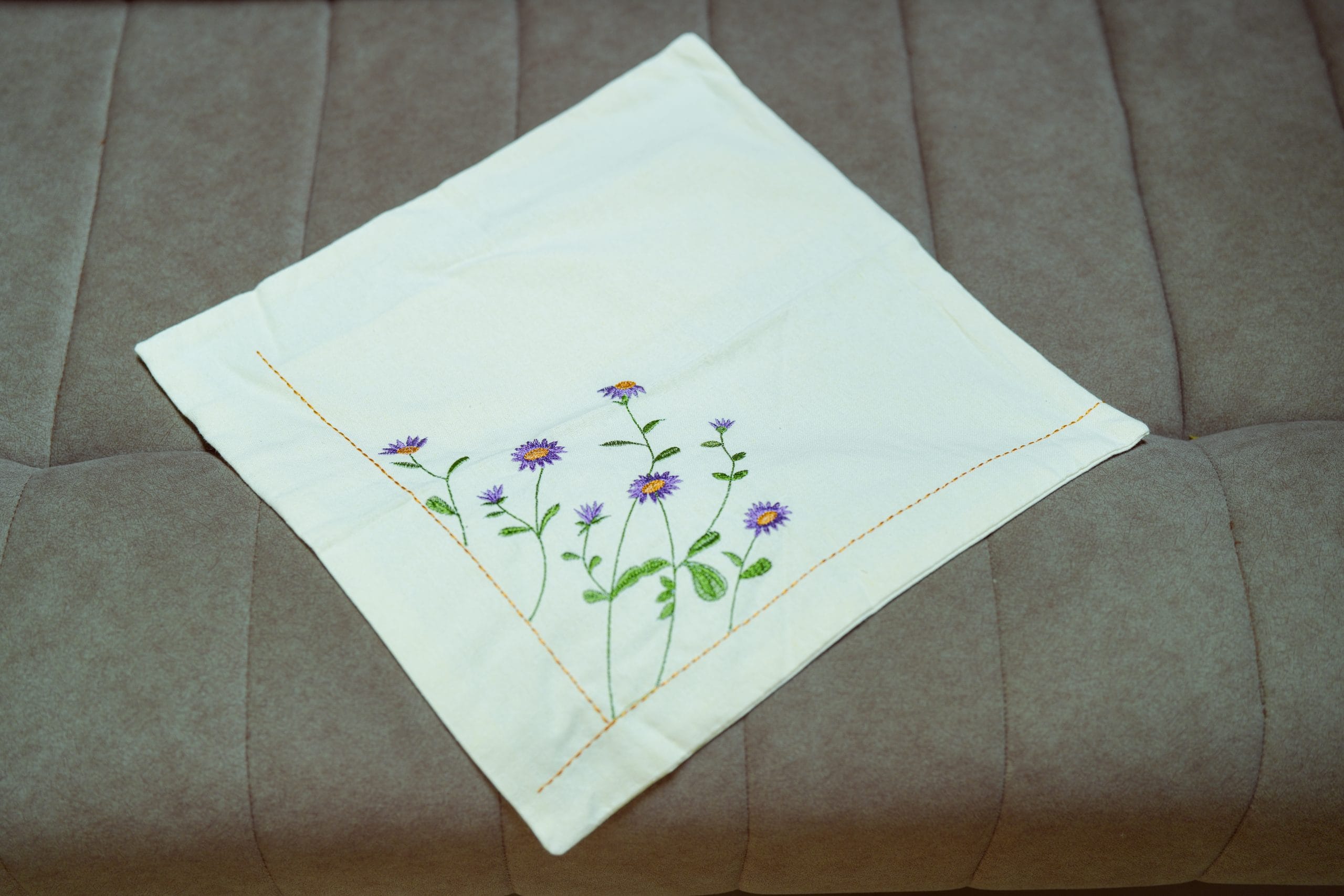 Lavender Daisy Off-White Minimal Embroidered Cushion