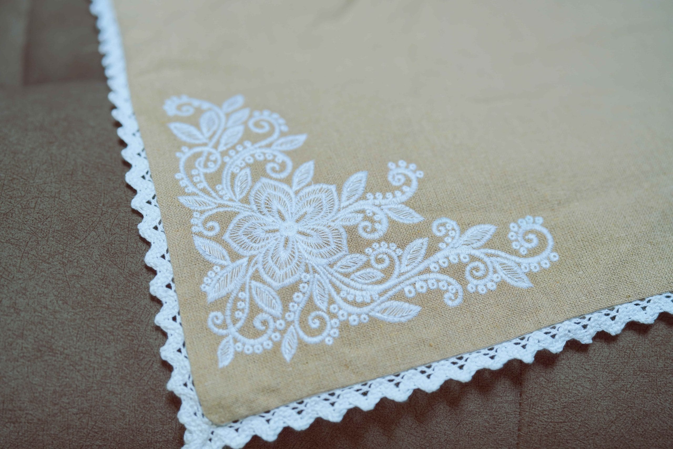 Caramel Charm Beige Corner-Embroidered Cushion