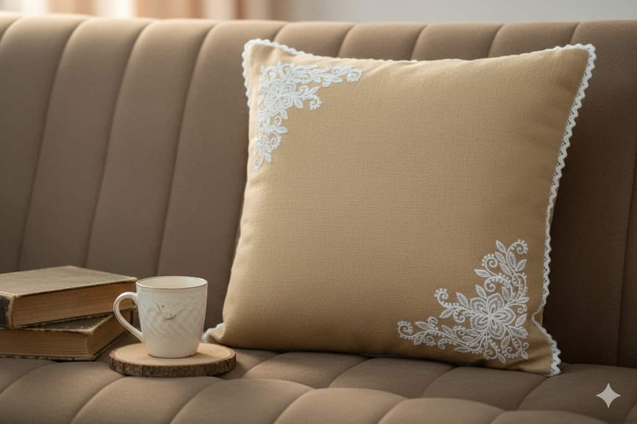 Caramel Charm Beige Corner-Embroidered Cushion