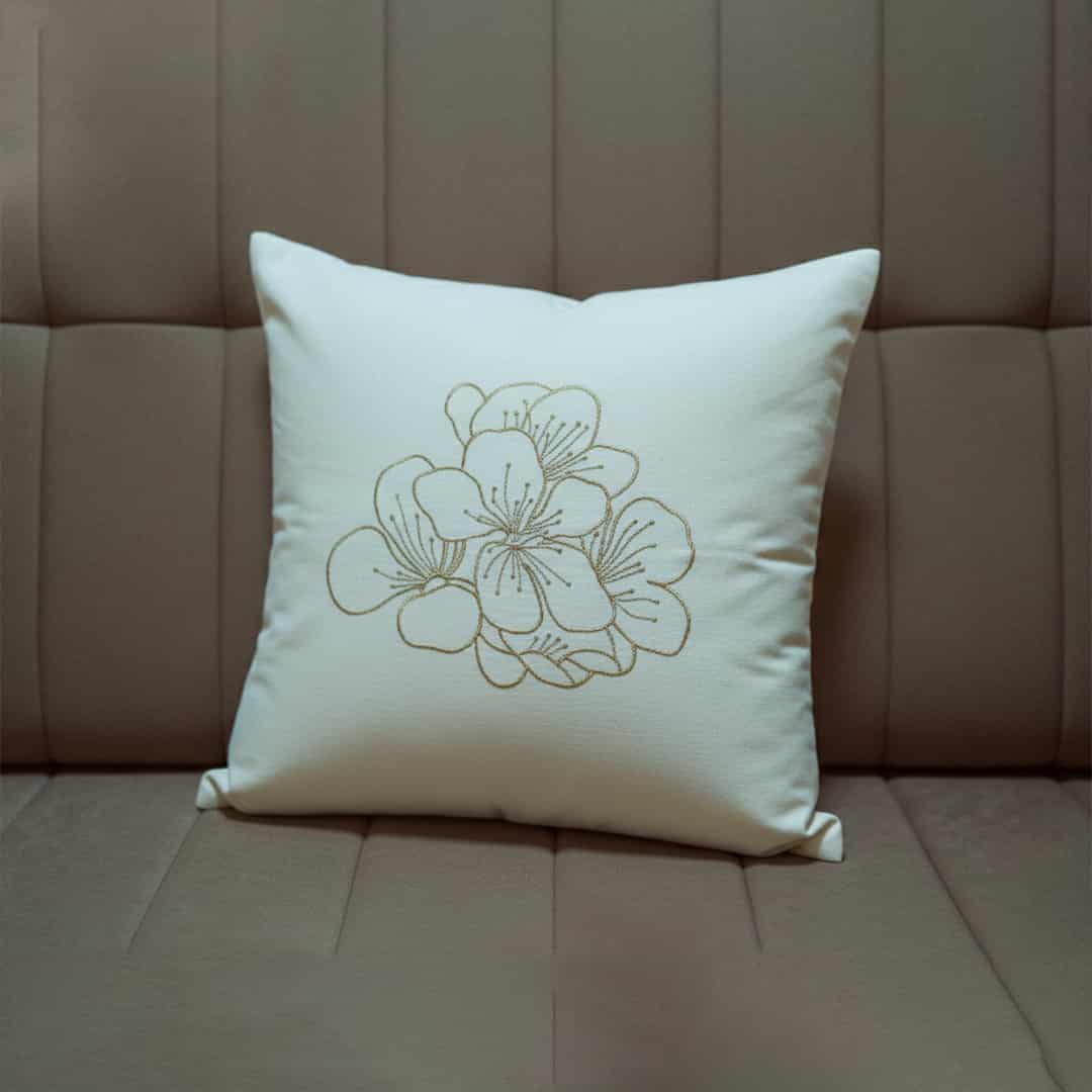 Golden Bloom Off-White Minimal Embroidered Cushion