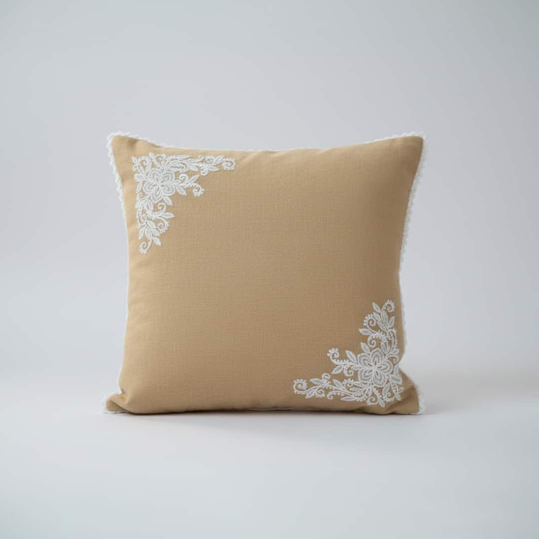 Caramel Charm Beige Corner-Embroidered Cushion