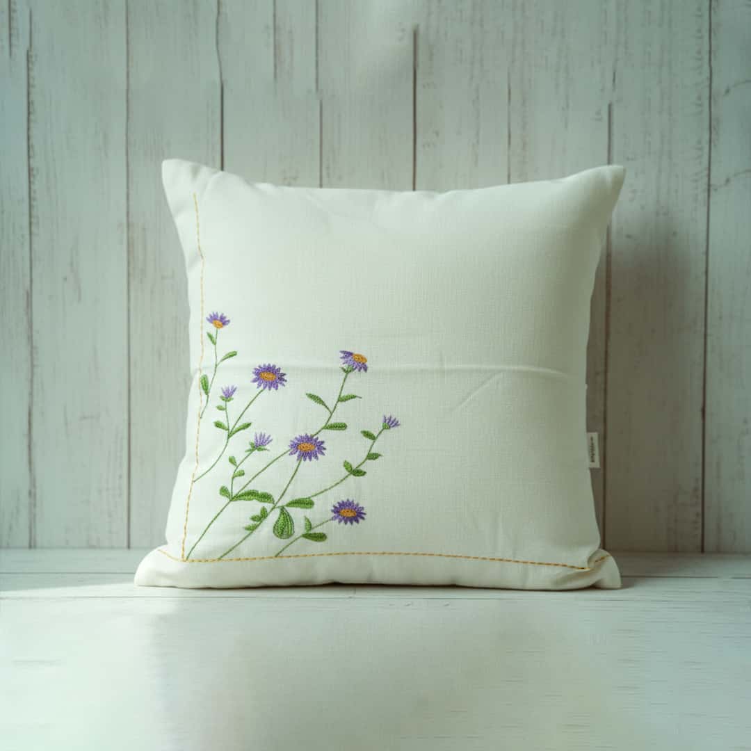 Lavender Daisy Off-White Minimal Embroidered Cushion